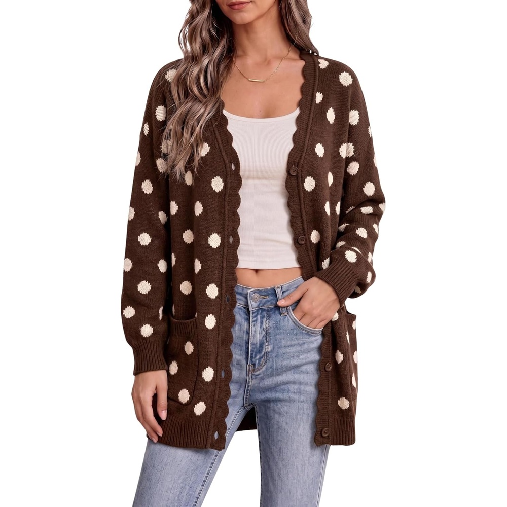 image:imageSpringrain Womens Polka Dot Knit Cardigan Button Long Sleeve SweaterCoffee