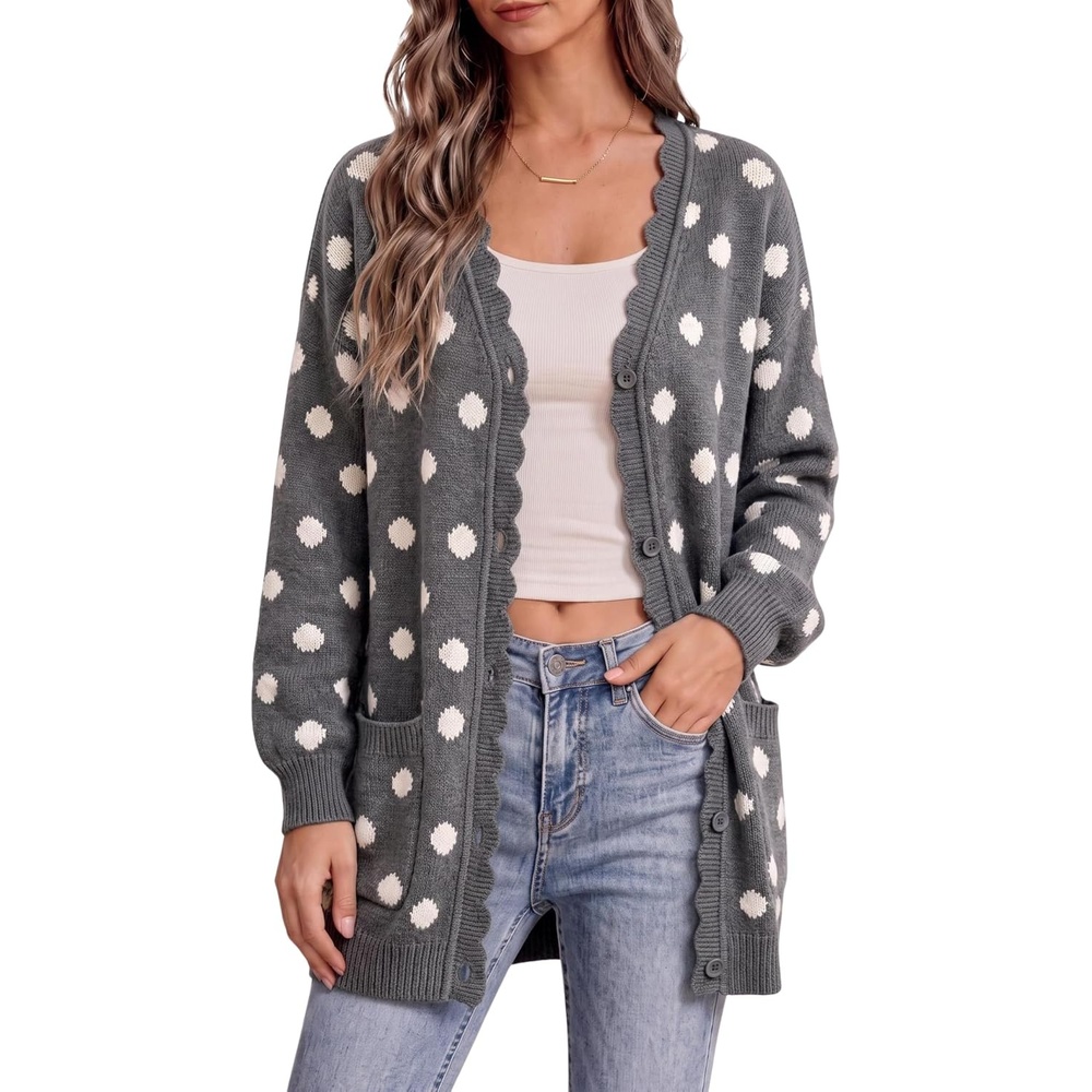 image:imageSpringrain Womens Polka Dot Knit Cardigan Button Long Sleeve SweaterGrey