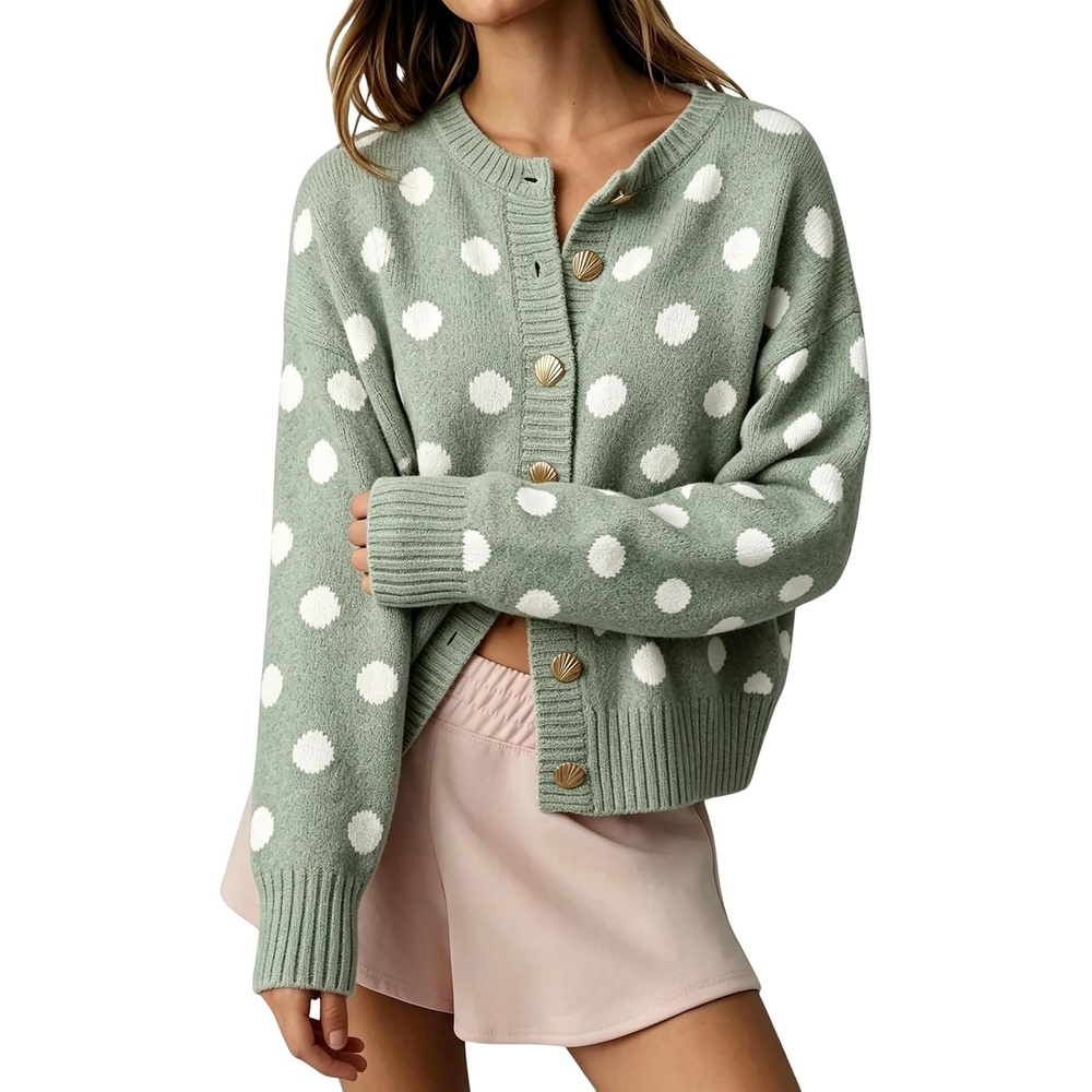 image:imageSpringrain Womens Polka Dot Knit Cardigan Crew Neck Long Sleeve SweaterPeagreen