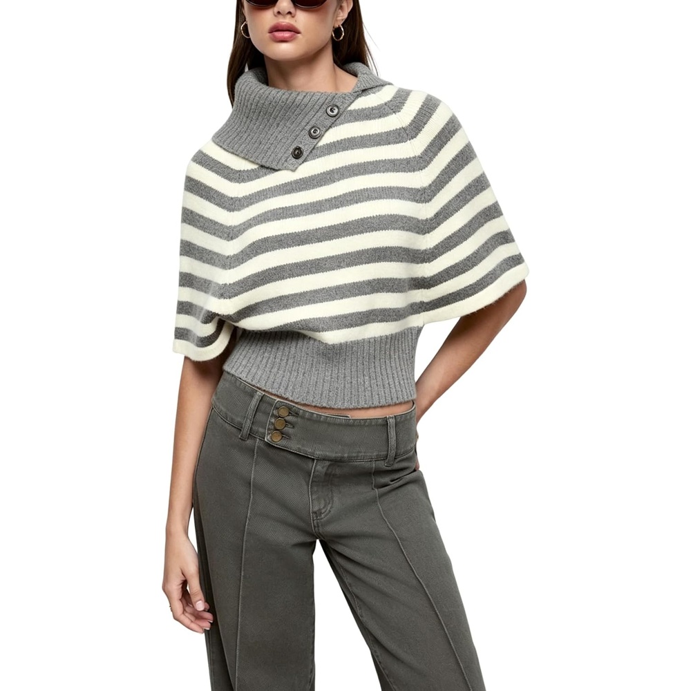 image:imageSpringrain Womens Striped Cropped Knit Sweater Shawl Collar Pullover TopGrey