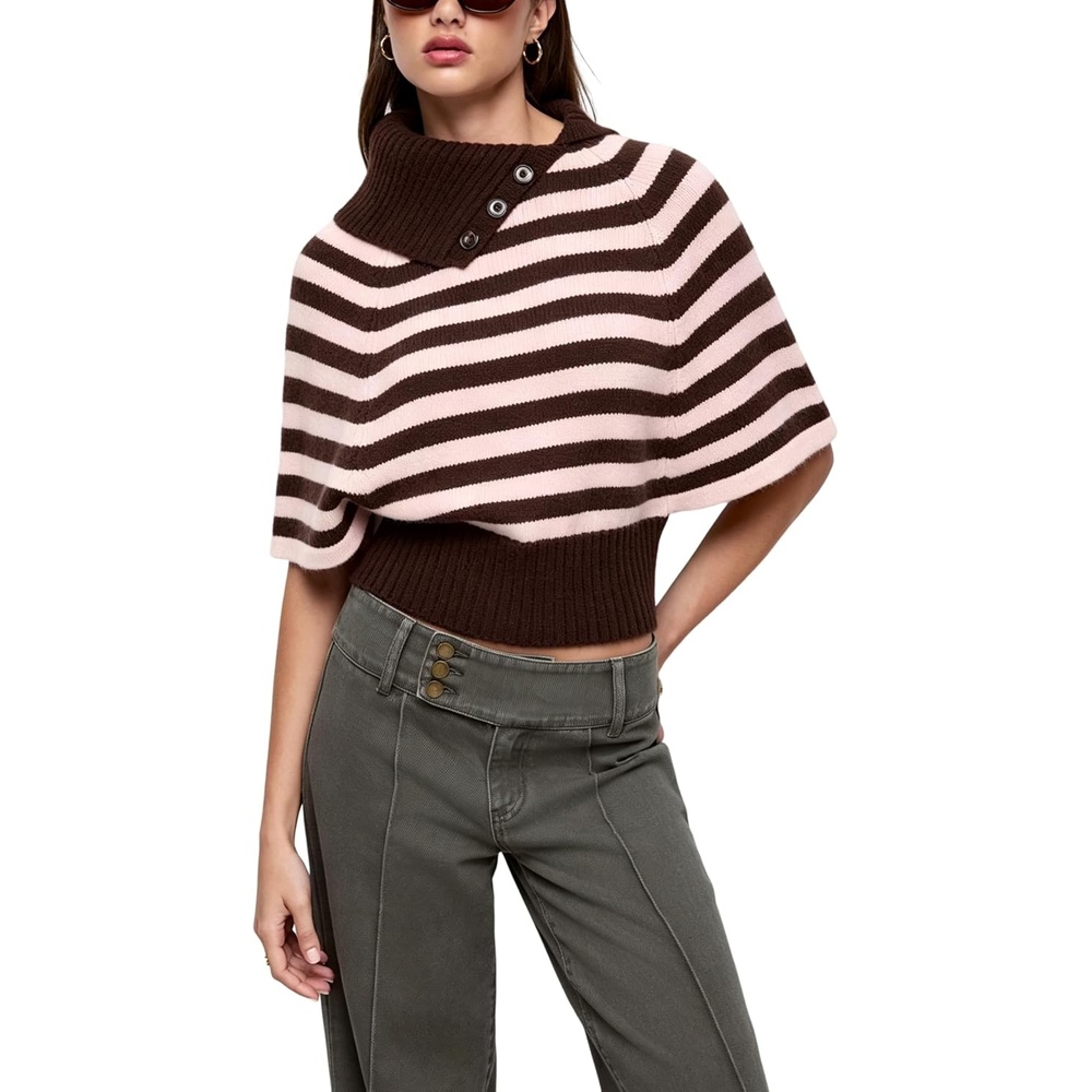image:imageSpringrain Womens Striped Cropped Knit Sweater Shawl Collar Pullover TopPink