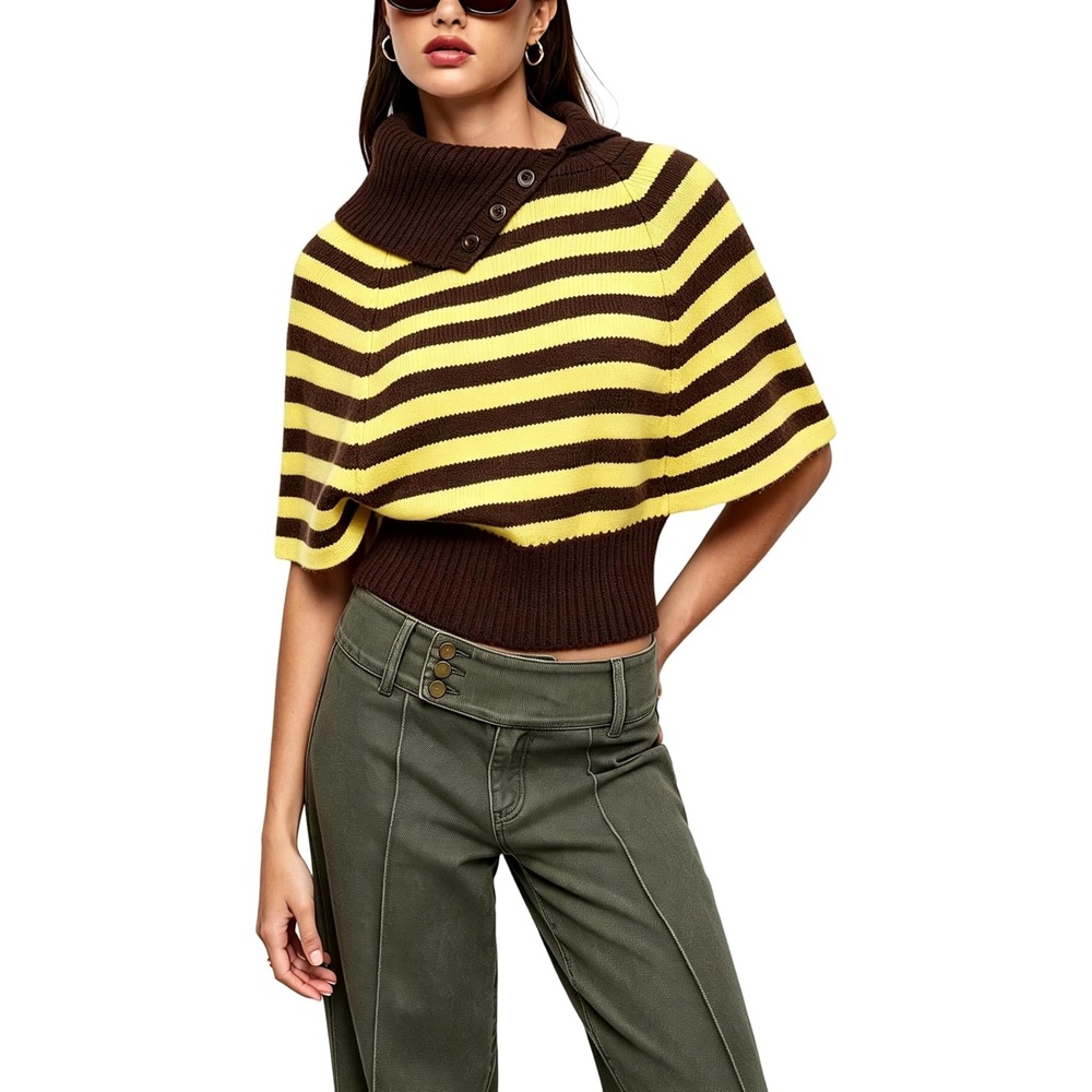 image:imageSpringrain Womens Striped Cropped Knit Sweater Shawl Collar Pullover TopYellow