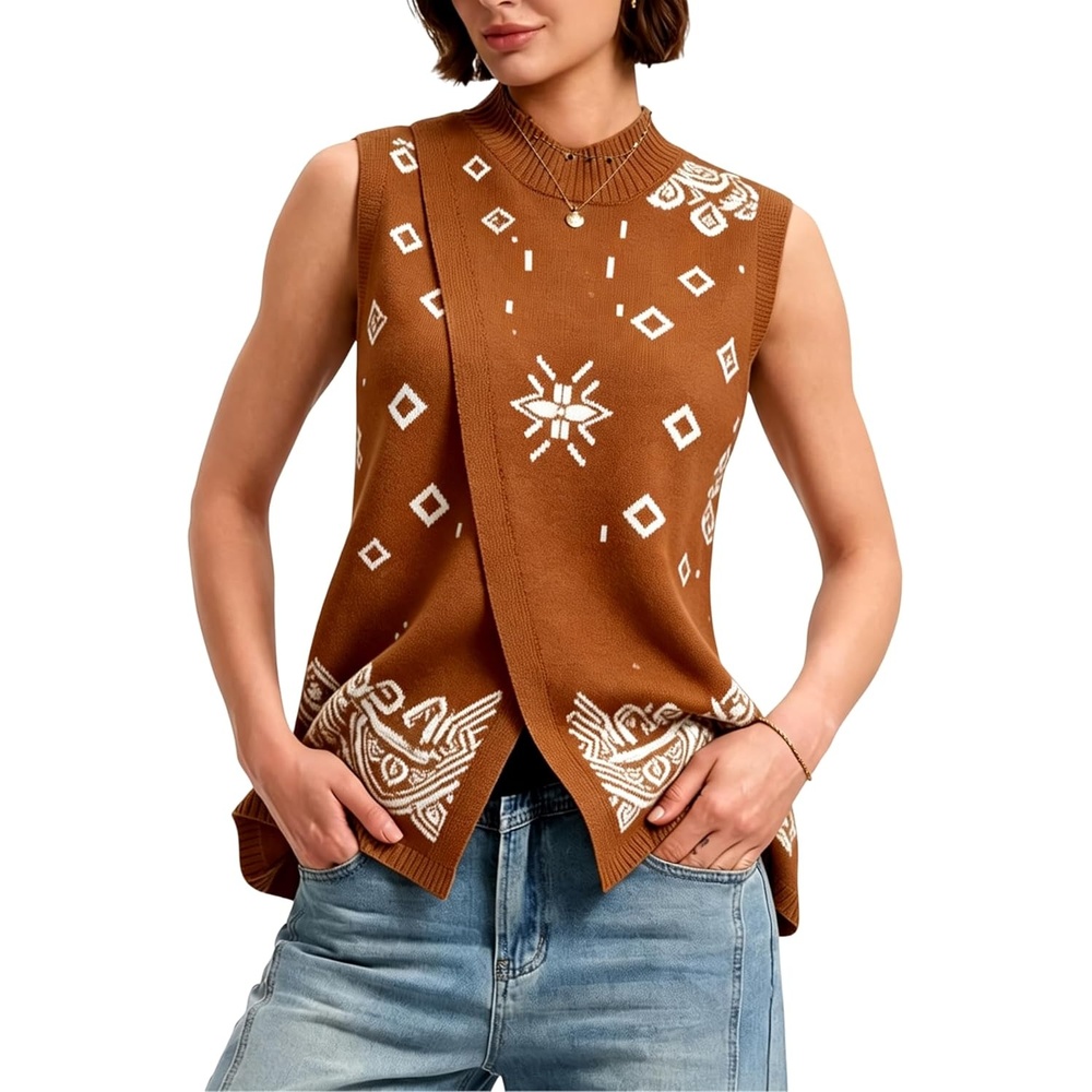 image:imageSpringrain Womens Sweater Vest Side Split Sleeveless Geometric PulloverCaramel