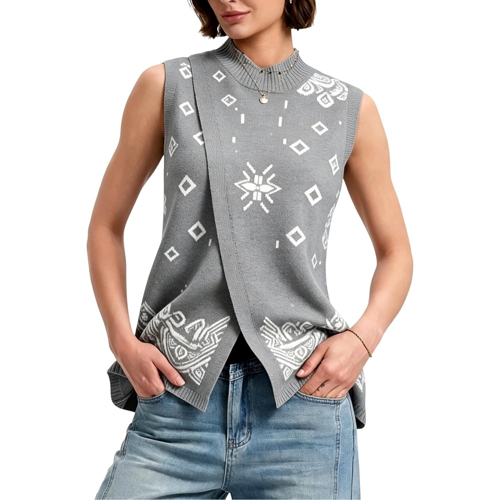 image:imageSpringrain Womens Sweater Vest Side Split Sleeveless Geometric PulloverGrey