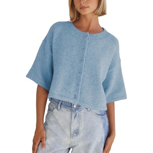 Springrain Cardigan Sweaters for Women Lightweight Knit Cropped Cardigan Button Up Solid Knitwear(Blue-M)