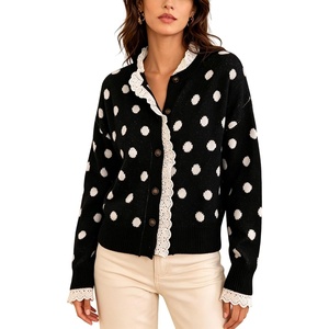 Springrain Polka Dot Cardigan for Women Button Down Lace Trim Knit Sweater(Black)
