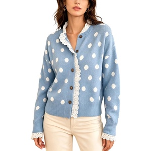 Springrain Polka Dot Cardigan for Women Button Down Lace Trim Knit Sweater(Blue)