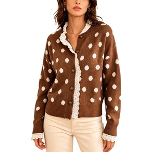 Springrain Polka Dot Cardigan for Women Button Down Lace Trim Knit Sweater(Brown)