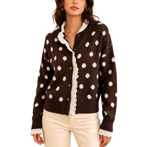 Springrain Polka Dot Cardigan for Women Button Down Lace Trim Knit Sweater(Coffee)