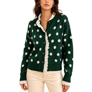 Springrain Polka Dot Cardigan for Women Button Down Lace Trim Knit Sweater(Green)