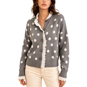 Springrain Polka Dot Cardigan for Women Button Down Lace Trim Knit Sweater(Grey)