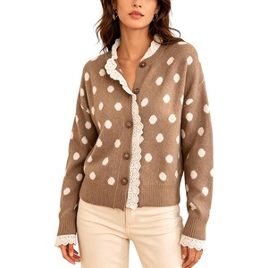Springrain Polka Dot Cardigan for Women Button Down Lace Trim Knit Sweater(Khaki)