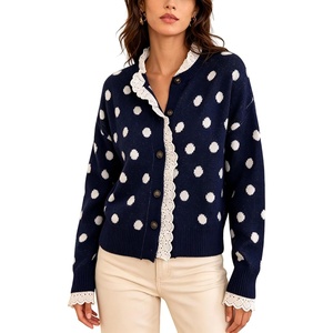 Springrain Polka Dot Cardigan for Women Button Down Lace Trim Knit Sweater(Navy)