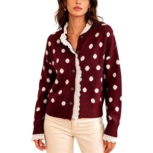 Springrain Polka Dot Cardigan for Women Button Down Lace Trim Knit Sweater(Winered)