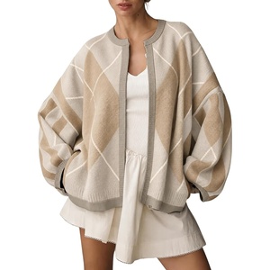 Springrain Womens Argyle Knit Cardigan Oversized Open Front Sweater(Beige)