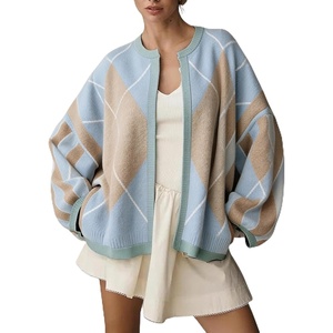 Springrain Womens Argyle Knit Cardigan Oversized Open Front Sweater(Blue)
