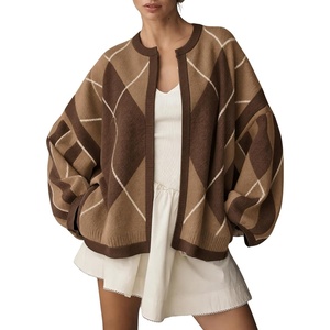 Springrain Womens Argyle Knit Cardigan Oversized Open Front Sweater(Brown)