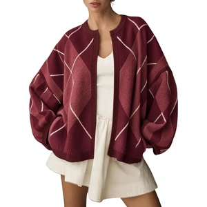 Springrain Womens Argyle Knit Cardigan Oversized Open Front Sweater(Burgundy)