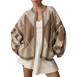 Springrain Womens Argyle Knit Cardigan Oversized Open Front Sweater(Khaki)