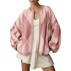 Springrain Womens Argyle Knit Cardigan Oversized Open Front Sweater(Pink)