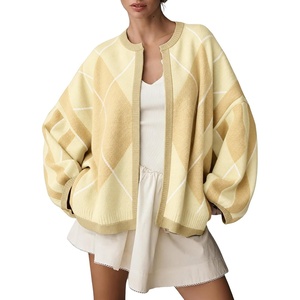 Springrain Womens Argyle Knit Cardigan Oversized Open Front Sweater(Yellow)