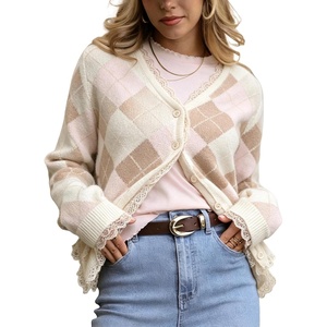 Springrain Womens Argyle Knit Cardigan V Neck Lace Trim Button Sweater(Beige)