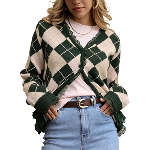 Springrain Womens Argyle Knit Cardigan V Neck Lace Trim Button Sweater(Darkgreen)