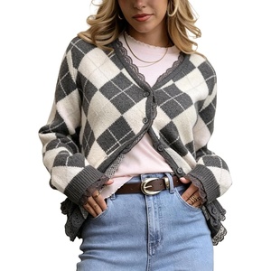 Springrain Womens Argyle Knit Cardigan V Neck Lace Trim Button Sweater(Grey)