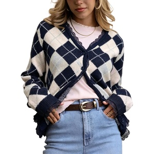 Springrain Womens Argyle Knit Cardigan V Neck Lace Trim Button Sweater(Navy)