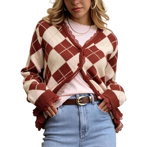 Springrain Womens Argyle Knit Cardigan V Neck Lace Trim Button Sweater(Rust)