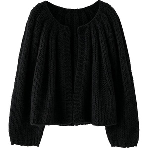 Springrain Womens Chunky Knit Cropped Cardigan Casual Open Front Sweater(Black)
