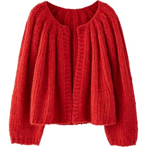 Springrain Womens Chunky Knit Cropped Cardigan Casual Open Front Sweater(Red)