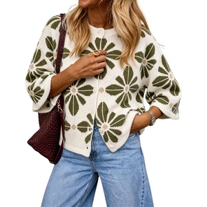 Springrain Women’s Floral Knit Cardigans 3/4 Sleeve Button Down Sweater(Armygreen)