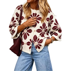 Springrain Women’s Floral Knit Cardigans 3/4 Sleeve Button Down Sweater(Burgundy)