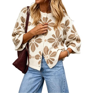 Springrain Women’s Floral Knit Cardigans 3/4 Sleeve Button Down Sweater(Khaki)