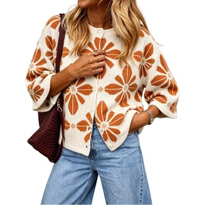 Springrain Women’s Floral Knit Cardigans 3/4 Sleeve Button Down Sweater(Orange)