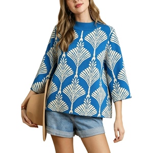 Springrain Womens Floral Sweater 3/4 Sleeve Mock Neck Knit Pullover(Blue)