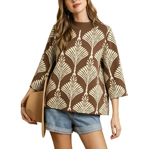 Springrain Womens Floral Sweater 3/4 Sleeve Mock Neck Knit Pullover(Brown)