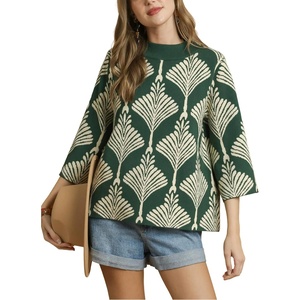Springrain Womens Floral Sweater 3/4 Sleeve Mock Neck Knit Pullover(Darkgreen)