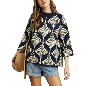 Springrain Womens Floral Sweater 3/4 Sleeve Mock Neck Knit Pullover(Navy)