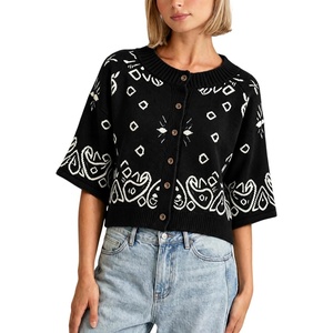Springrain Women’s Jacquard Crewneck Knit Cardigan 3/4 Sleeve Fall Sweater(Black)