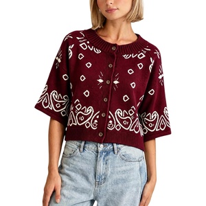 Springrain Women’s Jacquard Crewneck Knit Cardigan 3/4 Sleeve Fall Sweater(Wine)