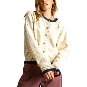 Springrain Womens Knit Cardigan Casual Button Front Contrast Trim Sweater(Beige)