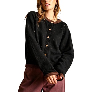 Springrain Womens Knit Cardigan Casual Button Front Contrast Trim Sweater(Black)