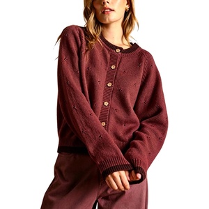 Springrain Womens Knit Cardigan Casual Button Front Contrast Trim Sweater(Burgundy)
