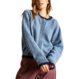 Springrain Womens Knit Cardigan Casual Button Front Contrast Trim Sweater(Dustyblue)