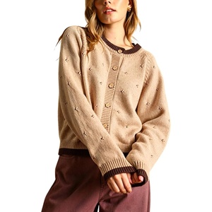Springrain Womens Knit Cardigan Casual Button Front Contrast Trim Sweater(Khaki)