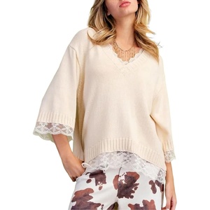 Springrain Womens Lace Trim Sweater V Neck 3/4 Sleeve Knit Pullover(Beige)