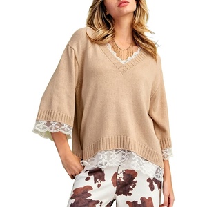 Springrain Womens Lace Trim Sweater V Neck 3/4 Sleeve Knit Pullover(Khaki)
