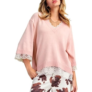 Springrain Womens Lace Trim Sweater V Neck 3/4 Sleeve Knit Pullover(Pink)